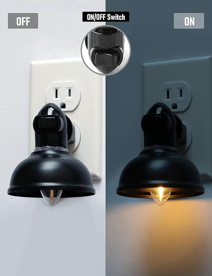 Farmhouse Plug in Night Light with On Off Switch, 2-Pack 0.5W LED Night Lights Plug into Wall Socket, Vintage Nightlight with Matte Black Metal Lamp Shade for Adult Kids Room Bathroom Hallway