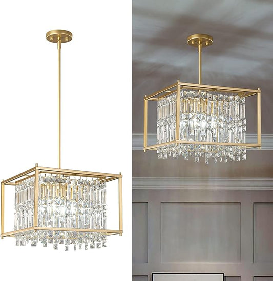 LMQNINE Modern Foyer Chandelier, Gold Crystal Chandelier Entryway Pendant Light Fixture, Square Adjustable Height Chandeliers for Kitchen Island, L15.74'' x H9.84''