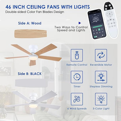 White RGB Ceiling Fans with Lights - 46" Flush Mount Ceiling Fan with Remote APP, RGB+3CCT Dimmable Led Light, Reversible 6 Wind Speeds&2H Timer, Low Profile Modern Fan Light Fixture for Bedroom Party
