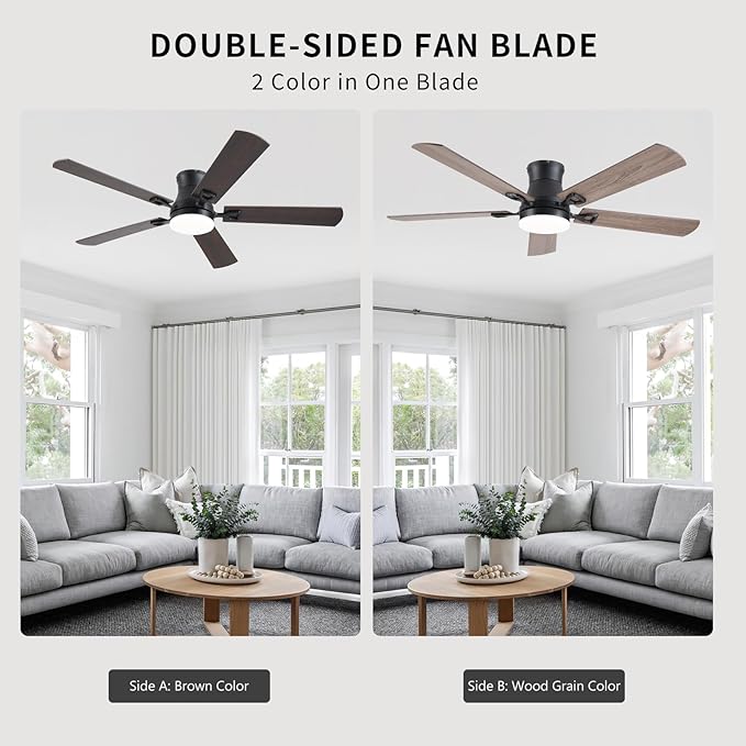 KNUN Ceiling Fans with Lights,52 Inch Low Profile Ceiling Fan with Light and Remote Control,Flush Mount,6 Speeds DC Reversible Motor, 3CCT Dimmable, Noiseless Brown Ceiling Fan for Living Room,Patio