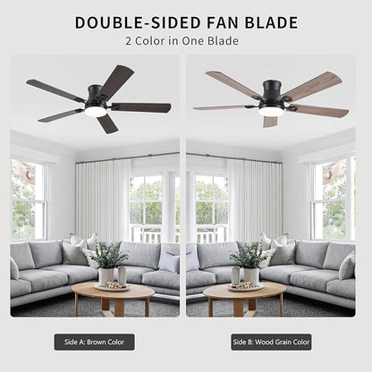 KNUN Ceiling Fans with Lights,52 Inch Low Profile Ceiling Fan with Light and Remote Control,Flush Mount,6 Speeds DC Reversible Motor, 3CCT Dimmable, Noiseless Brown Ceiling Fan for Living Room,Patio