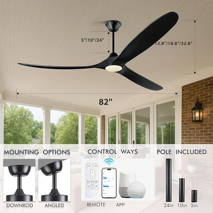 82 Inch Large Smart Ceiling Fans with Light, Black Wood Ceiling Fan with Remote/Alexa/App Control, 3 Propeller High CFM Modern DC Ceiling Fan for Living Room Outdoor Patio Commercial Shop