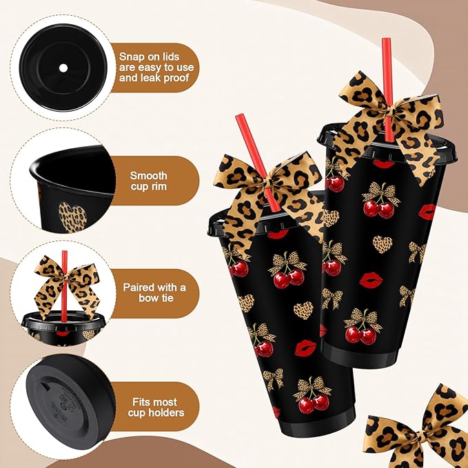 12 Sets Cherry Cheetah Print Party Supplies 24 oz Reusable Cherry Leopard Print Party Plastic Cup and Cheetah Bow Bulk Let's Get Wild Themed Drinking Cup for Birthday Baby Shower Decoration