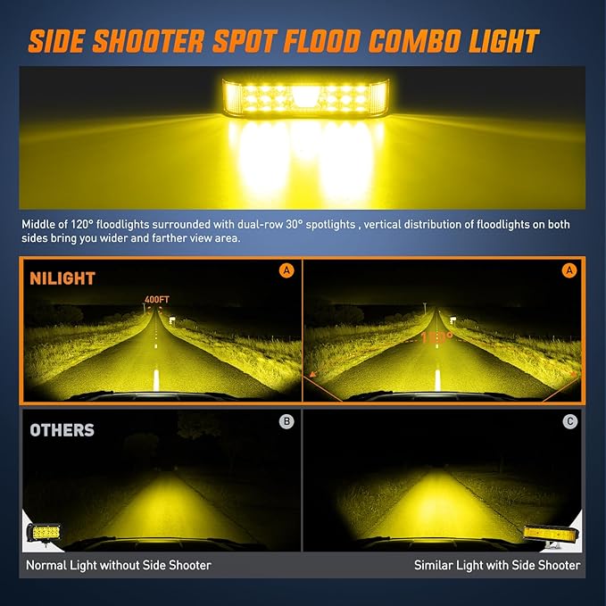Nilight Side Shooter LED Pods Yellow 2Pcs 6.5 Inch 60W Flood Spot Beam Offroad Driving Fog Work Light Bar for Tractor Boat SUV ATV UTV 4WD Car Truck Motorcycle Dirt Bike Golf Cart 12V 24V