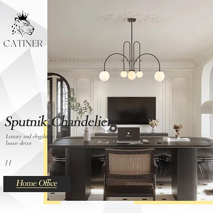 Sputnik Chandelier Brown,6 Lights Large Modern Chandelier L40”Mid Century Long Ceiling Pendant Light Fixtures for Dining Room with Milk Glass Globe Shades for High Ceiling Foyer Living Room