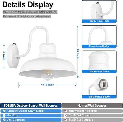 TOBUSA 2-Pack Dusk to Dawn Outdoor Wall Lights, Waterproof Farmhouse Gooseneck Barn Lights, 11.5'' White Outside Wall Sconces for House, Porch, Garage