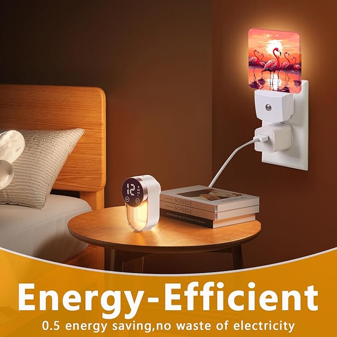 Pink Flamingo Night Light, Plug-into Sunset Nightlight White LED Lamp, Energy Efficient Decor Desk Lamp for Bedroom Hallway Stairs Bathroom