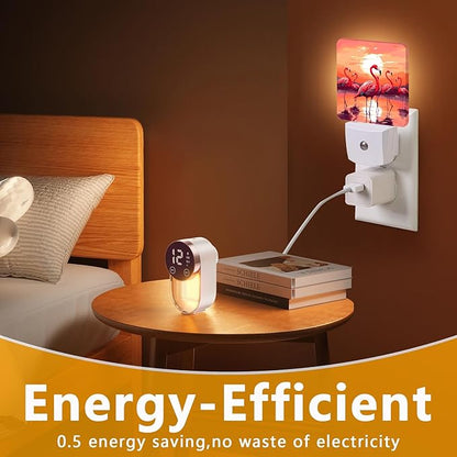 Pink Flamingo Night Light, Plug-into Sunset Nightlight White LED Lamp, Energy Efficient Decor Desk Lamp for Bedroom Hallway Stairs Bathroom