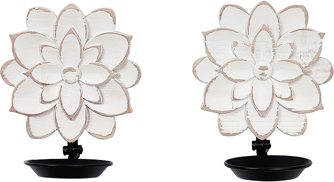 Farmhouse Candle Sconces Set of Two, Handcarved Wall Candle Holders Decorative, Flower Pattern, Distressed Finish Rustic Candle Holder Wall Decor for Living Room, Hallway