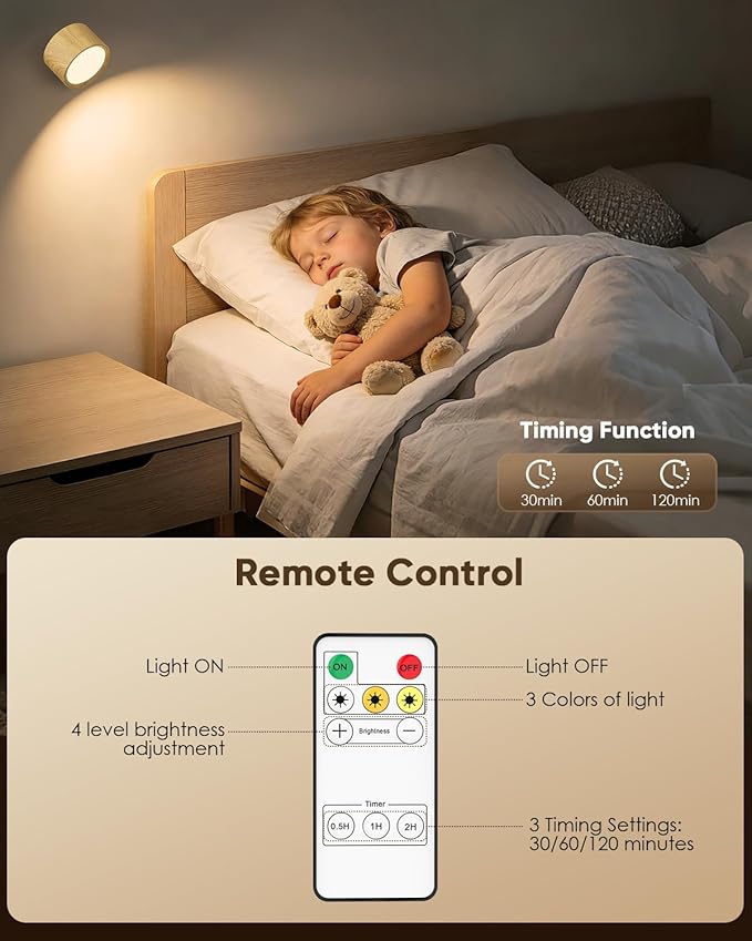 LED Wall Mounted Lights 2 Pcs with Remote, Rechargeable Wall Sconce with 3 Color Temps & Dimmable Magnetic 360° Rotation Cordless Light for Bedroom Reading Bedside (Wood, 2 Pack)