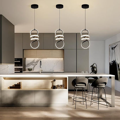 EIDISUNY Modern Led Pendant Light Fixture, 15W Black Spiral Pendant Light Kitchen Island, 4500K Daylight White Pendant Lamp, Adjustable Height Chandelier for Kitchen Dining Room Bedroom (3 Packs)