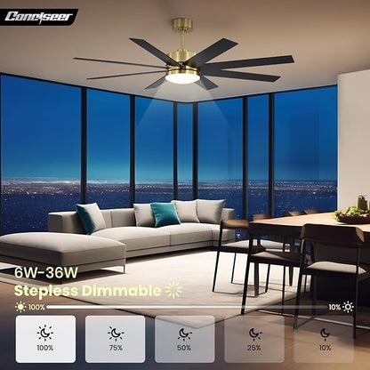 60 Inch Ceiling Fans with Lights and Remote, Dual Color 6 Blades, Bedroom Living Room Office Library Cafe Outdoor Industrial, 3CCT Dimmable, 6 Speed Reversible Quiet DC Motor, Gold/Wood Grain