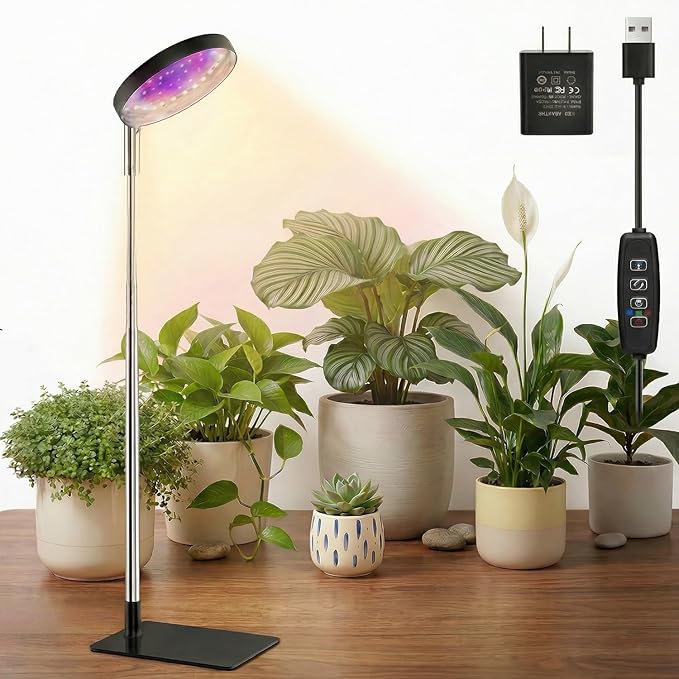 Indoor Plant Growth Lamp, Full-Spectrum 48-LED Indoor Plant Lamp, 3 Selectable Spectra, 3/9/12 Hours, 10 Brightness, Adjustable Height from 7 to 26 Inches