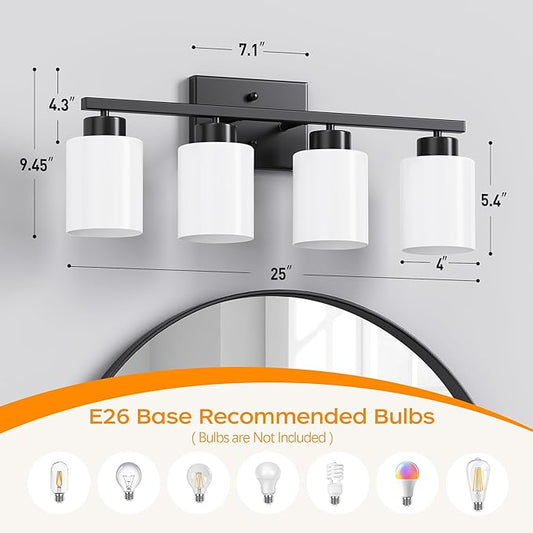 PARTPHONER 4-Light Matte Black Bathroom Light Fixtures, Modern Vanity Light Over Mirror Lighting, Wall Sconce with Frosted Milky White Glass Shades for Bedroom Living Room Kitchen Hallway