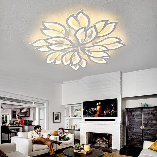 Modern White Flower Ceiling Light Fixture, 30 Inch Dimmable Flush Mount with 12 Leaves, Low Profile for Living Room, Dining Room, Bedroom
