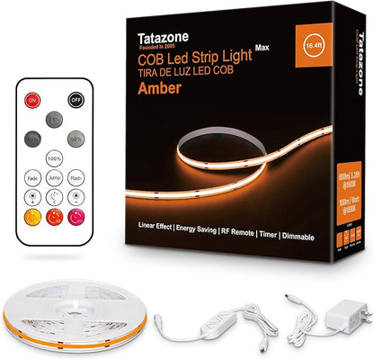 Tatazone 16.4ft 1800K COB Led Strip Lights with RF Remote, Dimmable Bright Adhesive Indoor Amber Led COB Light Strip for Cabinet, Painting, Room, Bed