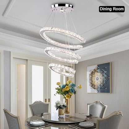 Finktonglan Modern Chandeliers Dimmable, 3 Rings Crystal Chandeliers with Remote Control, Shape Adjustable, LED Linear Chandelier Pendant Island Light for Kitchen Dining Room Living Room, H47.2''