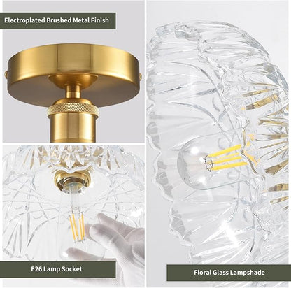 Semi Flush Mount Ceiling Light Mid Century Modern Floral Translucent Glass Shade, Close to Ceiling Lighting Fixtures for Bedroom, Bathroom, Kitchen, Closet Laundry Room, Foyer and Hallway 9.45 in