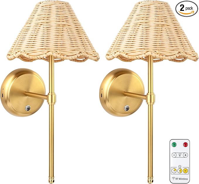 Battery Operated Boho Rattan Wall Sconce Set of 2, Stepless Dimming Magnetic Wall Lamp, 5200mAh Rechargeable Battery and Integrated LED, for Living Room Bedroom Hallway Corridor