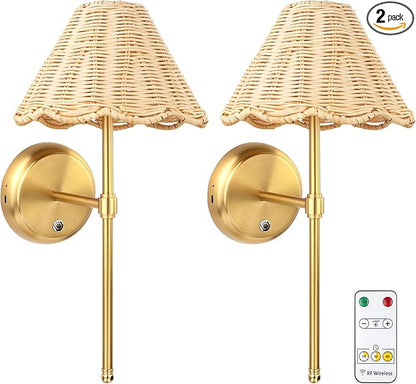 Battery Operated Boho Rattan Wall Sconce Set of 2, Stepless Dimming Magnetic Wall Lamp, 5200mAh Rechargeable Battery and Integrated LED, for Living Room Bedroom Hallway Corridor
