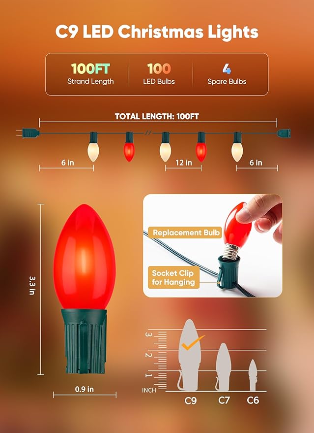 C9 LED Christmas Lights Outdoor, 100 Feet C9 String Lights with 100 Shatterproof Matte Bulbs, Connectable Waterproof Christmas Tree Lights for Holiday Roofline Backyard Garden Decor, Red & Warm White
