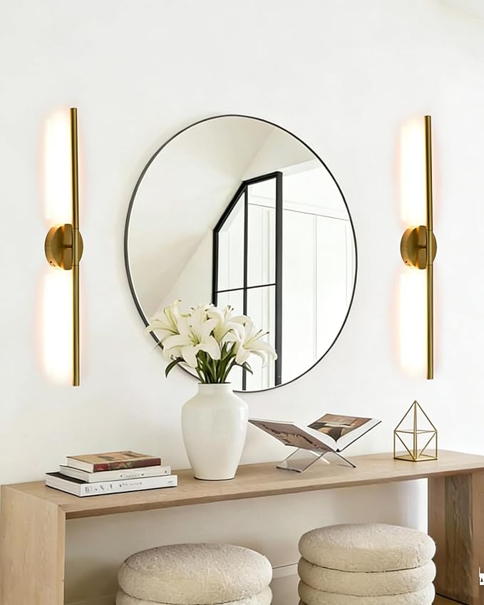 Wireless Wall Sconces Set of 2 ，20Inch Battery Operated Wall Lights with Remote Control，360°Rotate Dimmable led Wall Lamps for Living Room and Bedroom (Gold)