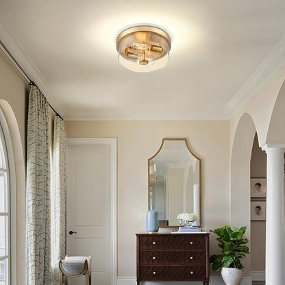 Gold Flush Mount Ceiling Light, 2-Light Hallway Light Fixtures, Modern Farmhouse Farmhouse Ceiling Light Clear Glass Brushed Gold Finish for Kitchen Porch Entryway