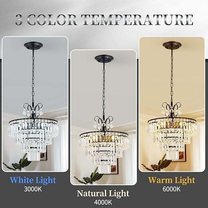 Black Crystal Chandeliers,4 -Lights Modern Crystal Chandelier for Dining Room,4 Tiers Small Chandeliers for Living Room Bedroom Kitchen Entryway E12 Base