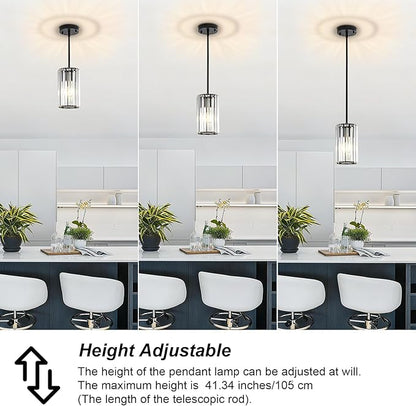 Modern Crystal Pendant Lights, Hanging Light Fixtures Mini Kitchen Island Pendant Lights Adjustable Crystal Chandelier Fixture for Island Dining Room Hallway Bedroom, Black 2-Pack