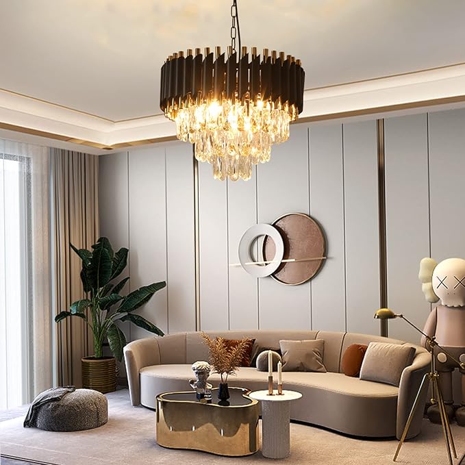 Modern Crystal Chandeliers 15.7”Gold Contemporary Crystal Ceiling Lights Fixtures 3-Tiers 5 Lights Black Round Chandelier Pendant Light Fixtures for Entryway Living Room Dining Room Bedroom