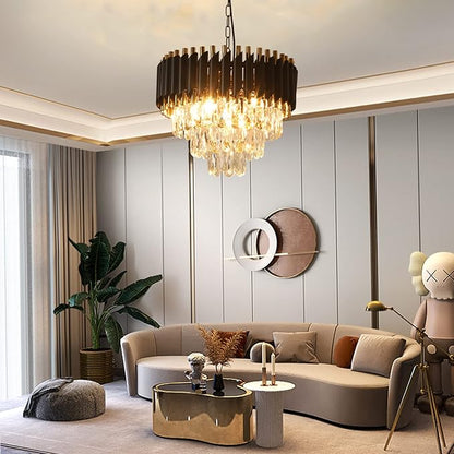 Modern Crystal Chandeliers 15.7”Gold Contemporary Crystal Ceiling Lights Fixtures 3-Tiers 5 Lights Black Round Chandelier Pendant Light Fixtures for Entryway Living Room Dining Room Bedroom