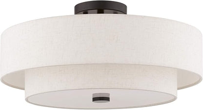 Livex Lighting 51085-92 4-Light Semi Flush Mount Ceiling Fixture with Oatmeal Color Fabric Hardback Drum Shade and Satin White Diffuser, English Bronze
