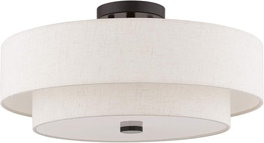 Livex Lighting 51085-92 4-Light Semi Flush Mount Ceiling Fixture with Oatmeal Color Fabric Hardback Drum Shade and Satin White Diffuser, English Bronze