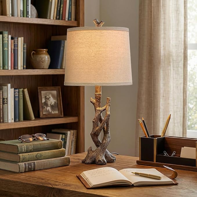 OYEARS 23" Rustic Farmhouse Table Lamp Country Cottage Lamps for Nightstand Tree Trunk Wood Grain Lamp for Bedroom Living Room with Oatmeal Fabric Round Shade Resin Bedside Lamp