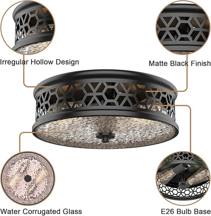 EAPUDUN Flush Mount Ceiling Light, 12 Inch 2 Light Vintage Ceiling Light with Rippled Glass, Black Ceiling Fixture for Hallway Corridor Kitchen Bathroom Bedroom Passway FMA1538-MBK