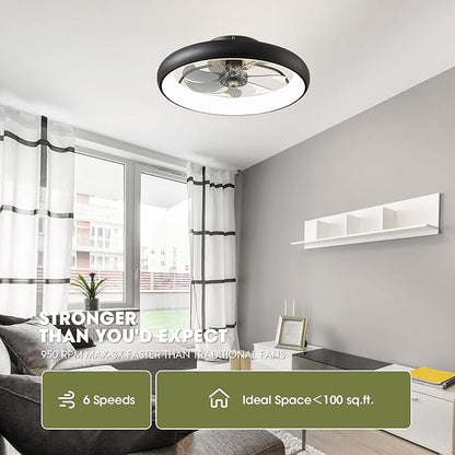 Ceiling Fans with Lights and Remote, 20'' Low Profile Flush Mount, 6 Wind Speeds, Modern Dimmable LED Ceiling Fan, Smart Ceiling Fan for Bedroom, Kids Room (Black)