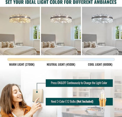 Siljoy Modern Crystal Chandelier 16-Light Brushed Nickel 2-Tiers K9 Crystal Raindrop Chandelier Luxury Flush Mount Crystal Pendant Ceiling Light Fixture for Dining Living Room Entryway Foyer D31.5''