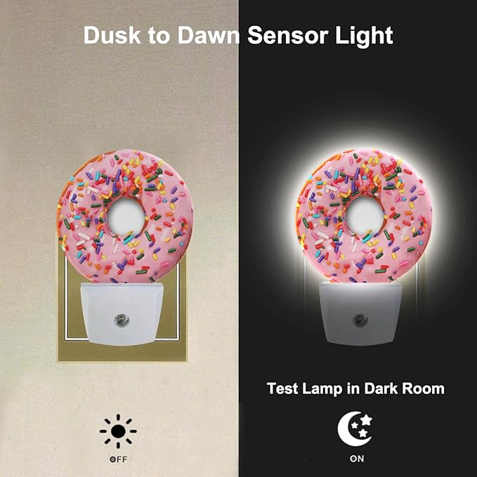 Pink Donut Dusk to Dawn Night Light Sweets Snacks Donut with Sprinkles Night Lights Plug in into Wall Auto Sensor LED Lighting with for Women Girls Gift