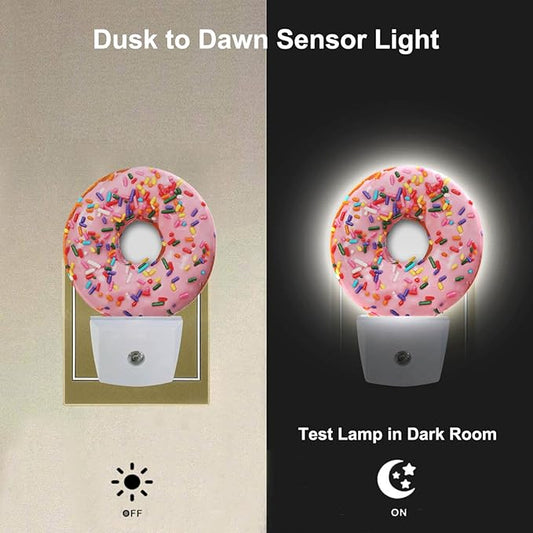 Pink Donut Dusk to Dawn Night Light Sweets Snacks Donut with Sprinkles Night Lights Plug in into Wall Auto Sensor LED Lighting with for Women Girls Gift