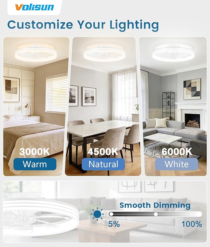 VOLISUN Low Profile Ceiling Fans with Lights and Remote, 20in Flush Mount Ceiling Fan with Light, 3000K-6500K Dimmable Fandelier LED Fan Light, White Bladeless Ceiling Fans with Lights for Bedroom
