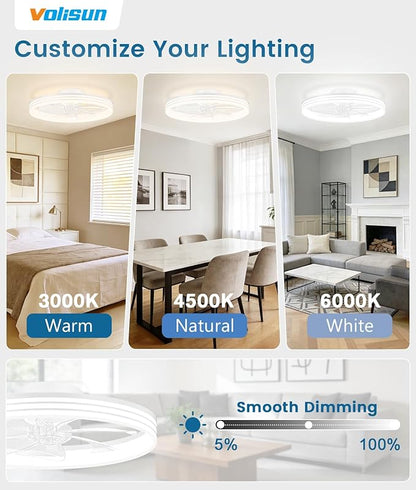 VOLISUN Low Profile Ceiling Fans with Lights and Remote, 20in Flush Mount Ceiling Fan with Light, 3000K-6500K Dimmable Fandelier LED Fan Light, White Bladeless Ceiling Fans with Lights for Bedroom