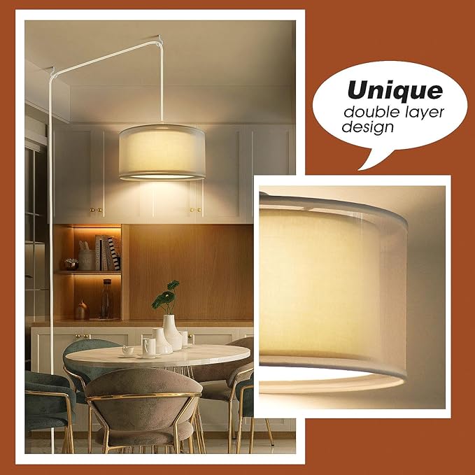 Plug in Pendant Light, 15FT White Cord Hanging Lights with Plug in Cord, Hanging Light with On/Off Switch, Double Linen Shade Fabric Design, Pendant Llight Fixture for Bedroom Restaurant Beige
