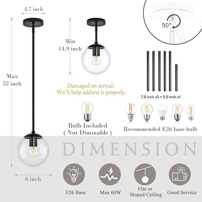 Bagood 6" Globe Pendant Light Black 2 Pack Mid Century Pendant Light Globe Pendant Lights Kitchen Island Matte Black Finished with Clear Glass Adjustable Ceiling Light Fixtures for Dining Room Bar