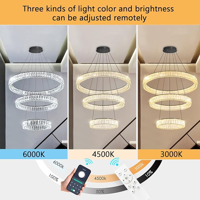 HAIXIANG Modern Glam Chandelier Crystal LED Remote Rings Chandelier Adjustable Hanging Ceilings Pendant Lights Fixture Gold 16"+24"+32" Rings Lighting
