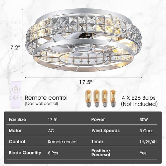 SHIHOT 18" Low Profile Crystal Ceiling Fans with Lights and Remote, Modern Flush Mount Fan, Reversible, 3-Speed, Quiet, Caged Ceiling Fan for Bedroom(Bulbs not included)