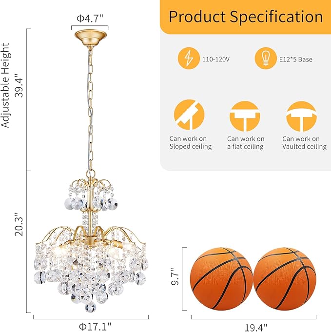 WUZUPS 5-Light Crystal Chandelier Pendant Ceiling Light Modern Lighting Fixture for Bedroom Hallway Bar Kitchen Bathroom, H 20.3" W17.1, E12 Base, Gold