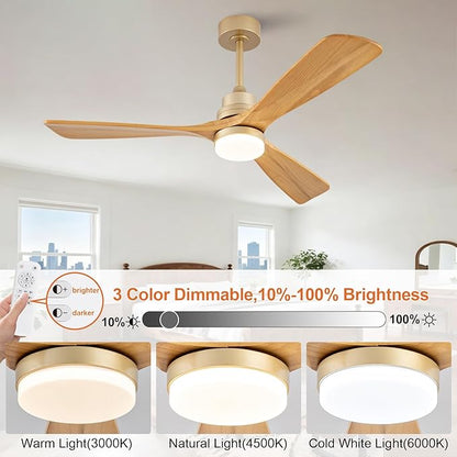 52 Inch Boho Ceiling Fans with Lights and Remote, Gold Ceiling Fan with Quite Reversible DC Motor, Dimmable LED Memory Function,Solid Wood Indoor Outdoor Ceiling Fan with Light for Patio Bedroom