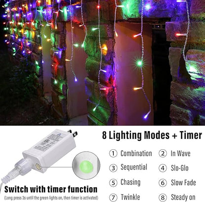 Joomer Christmas Icicle Lights - 66FT String Lights Outdoor Waterproof, 8 Modes Timer Connectable Plug-in String Light for Eaves, Roofs, Christmas Decorations (Multicolor, Non-Connectable)
