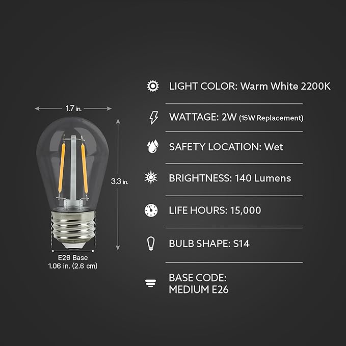 Feit Electric S14 LED Filament Light Bulbs, High Output, 2200K Warm White, 140 Lumens, String Light Replacement Bulbs, 15,000-Hour Lifespan, Clear Durable Housing, S14HO/822/FIL/12, 12 Pack