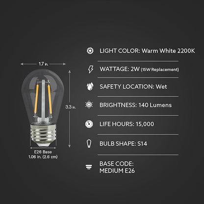 Feit Electric S14 LED Filament Light Bulbs, High Output, 2200K Warm White, 140 Lumens, String Light Replacement Bulbs, 15,000-Hour Lifespan, Clear Durable Housing, S14HO/822/FIL/12, 12 Pack